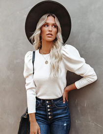 Fashion White Round Neck Puff Sleeve Loose Solid Color Sweater Top