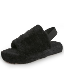Fashion Black Plush Open-toed Flat Elastic Flat Slippers