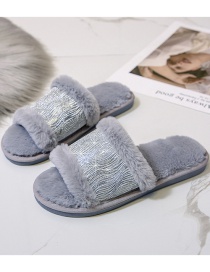Fashion Gray One-word Plush Indoor Flat Plush Slippers