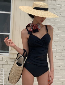 Fashion Black Cover Belly Open Back Small Chest Gathered One-piece Swimsuit