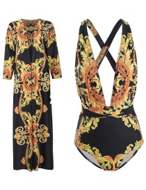 Fashion Siamese + Blouse Deep V Print Leaky Back One-piece Swimsuit