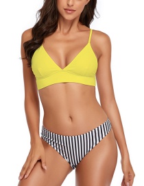 Fashion Split Yellow Stripes Halter Stripe Print Split Swimsuit