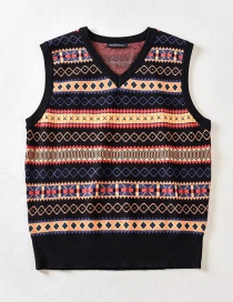 Fashion Black Color Pattern V-neck Wool Knitted Vest