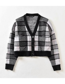 Fashion Black V-neck Short Plaid Knitted Jacket