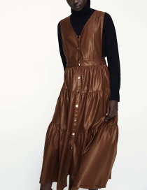 Fashion Brown Faux Leather V-neck Stitching Vest Skirt