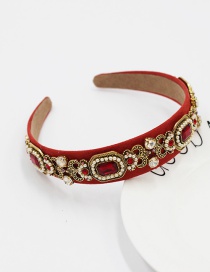 Fashion Red Geometric Wide-brimmed Headband With Pearl And Diamond Flowers