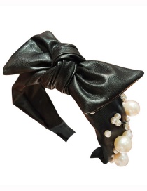 Fashion Black Pu Leather Wide Studded Pearl Rhinestone Bow Headband