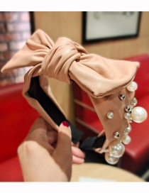 Fashion Pink Pu Leather Wide Studded Pearl Rhinestone Bow Headband