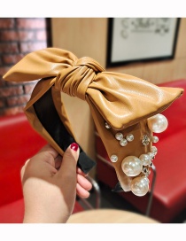 Fashion Khaki Pu Leather Wide Studded Pearl Rhinestone Bow Headband
