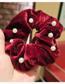 Fashion Red Wine Fabric Gold Velvet Large Intestine Ring Pearl Hair Rope