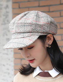 Fashion Gray Wool Checked Stitching Beret Octagonal Hat