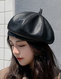 Fashion Black Leather Solid Color Stitching Octagonal Beret