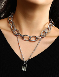 Fashion Silver Color Alloy Thick And Thin Chain Lock Shape Pendant Double Necklace