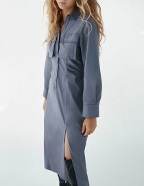 Fashion Blue Pleated Solid Color Shirt Dress