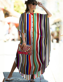 Fashion (rainbow Bars) Loose Large Size Striped Polka Dot Leopard Print Cardigan Sun Protection
