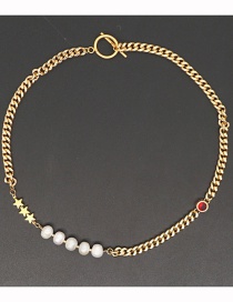 Fashion Gold Color Diamond-studded Stainless Steel Whip Chain Pearl Necklace