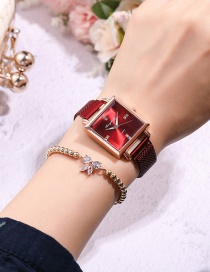 Fashion Red Square Dial Magnet Buckle Mesh Strap Watch