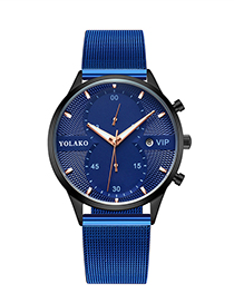 Fashion Blue With Black Shell And Blue Surface Calendar Ultra-thin Mesh Band Quartz Mens Watch