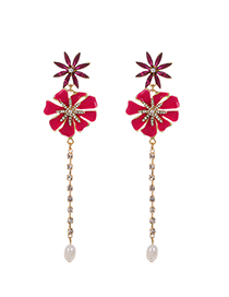 Fashion Rose Red Alloy Oil Drop Diamond Flower Earrings