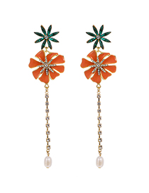 Fashion Orange Alloy Oil Drop Diamond Flower Earrings
