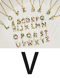 Fashion V Gold Color Letter Diamond Pendant Stainless Steel Necklace