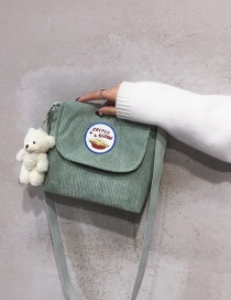 Fashion Green Send Bear Pendant Corduroy Logo Flap Diagonal Shoulder Bag