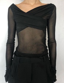 Fashion Black One-shoulder Long-sleeved Mesh Stitching One-piece T-shirt