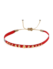 Fashion Red Handmade Beaded Ribbon Gold Bead Flower Bracelet
