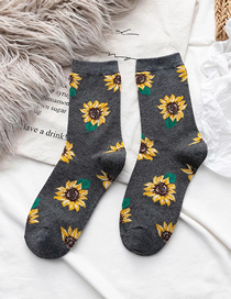 Fashion Dark Gray Sunflower Print In Tube Pile Socks