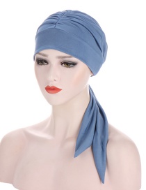 Fashion Denim Blue Pure Color Crystal Hemp Long Tail Bow Turban Hat