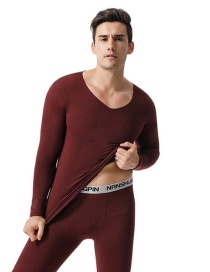 Fashion Wine Red Plus Velvet V-neck Cationic Mens Seamless Thermal Underwear Suit