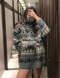 Fashion Blue Jacquard Loose Turtleneck Pullover Sweater