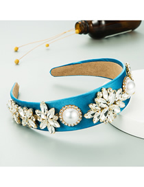 Fashion Blue Pure Color Fabric Wide-brimmed Flower Pearl Inlaid Glass Diamond Headband