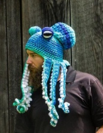 Fashion Blue And White Octopus Handmade Crochet Contrast Color Woolen Hat