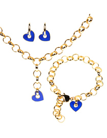Fashion Blue Suit Drop Oil Thick Chain Love Earrings Necklace Bracelet Set