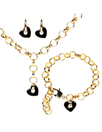 Fashion Black Suit Drop Oil Thick Chain Love Earrings Necklace Bracelet Set