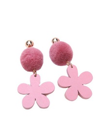 Fashion Pink Hairball Wooden Flowers Long Plush Earrings
