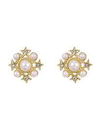 Fashion Golden Alloy Diamond Pearl Pentagram Stud Earrings