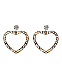 Fashion White Alloy Diamond Chain Hollow Heart Earrings