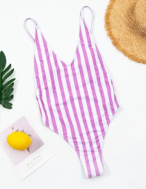 Fashion Purple Striped Open Back One-piece Swimsuit