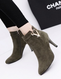 Fashion Dark Green Matte Pointed Stiletto Side Zipper High Heel Boots