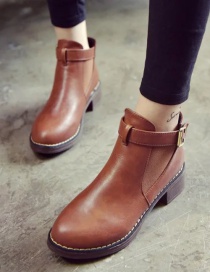 Fashion Brown Martin Boots With Thick And Round Toe Mid-heel Zipper Belt Buckle