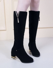 Fashion Black Round Toe Chunky Heel Non-slip Rhinestone Side Zipper Boots