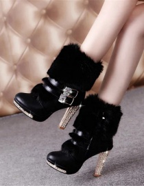 Fashion Black Round Toe High-heeled Rhinestone Belt Buckle Side Zipper Mid-boots