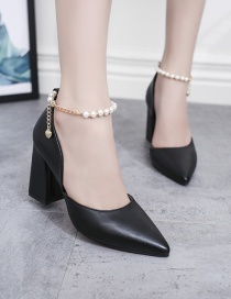Fashion Black Pointed Thick Heel Hollow Non-slip Pearl Chain Buckle Shoes