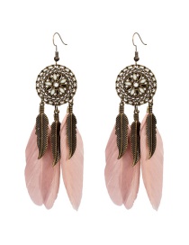 Fashion Pink Alloy Flower Feather Tassel Earrings