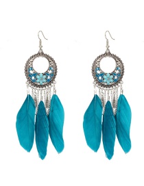 Fashion Blue Alloy Flower Feather Tassel Drip Earrings