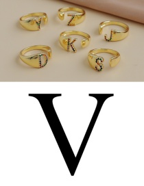 Fashion V 26 Letters Open Ring With Copper Inlaid Zircon