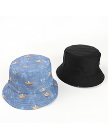 Fashion Light Blue Cowboy Double-sided Crown Diamond Print Fisherman Hat