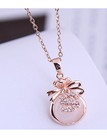 Fashion Pink Rose Gold Color Opal Bow Necklace With Diamonds